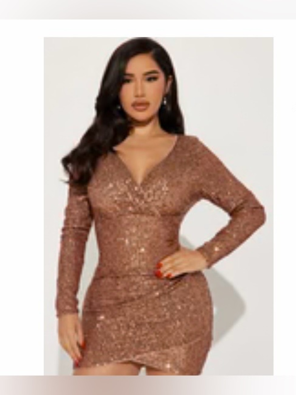 Sequin Long-Sleeve V-Neck Mini Dress - Rose Gold